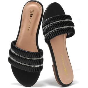MOAILAOZI Women's Flat Sandals Pleated Leather & Rhinestone Strappy Slides With Soft Memory Foam Insole, Beach Leather Slippers for Summer Vacation (8, Black)