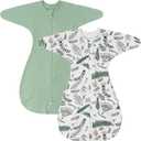 ZIGJOY Baby Transitional Swaddles for Newborns: 0.5 Tog Arms Up Sleep Sack 3-6-12 Months Soft Cotton Shark Fin 2 Way Zipper (2 Pack-green&leaf)