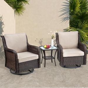 Towallmark Outdoor Swivel Wicker Glider Patio Chairs with Table Set, 3 Pieces Outdoor Bistro Set with 4Thick Cushions and Coffee Table for Porch, Balcony, Deck (Beige)