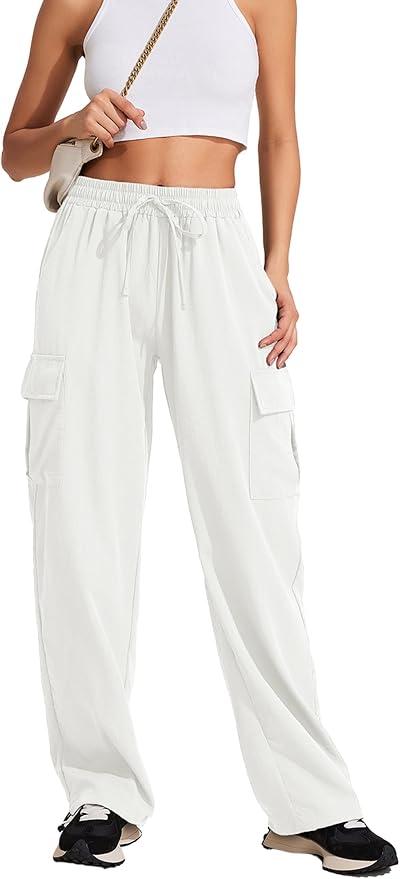 PINSPARK Women's Cargo Pants Quick Dry Hiking Athletic Pants Elastic High Waist Casual Pants Wide Leg with Pockets, 2XL