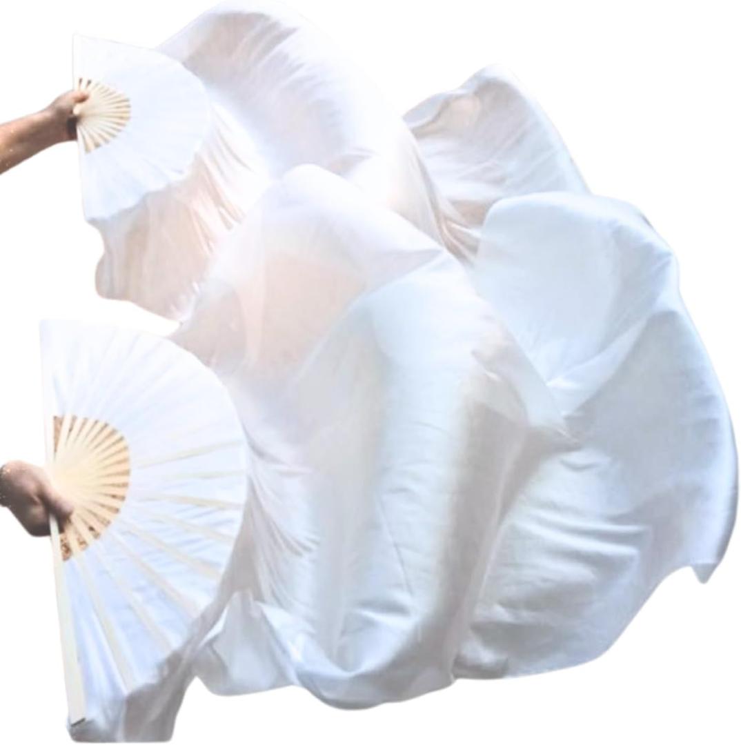 Belly Dance Faux Silk Veil Fans, 1 Pair (Left+Right) Faux Silk Bamboo Long Fans Veils, Handmade Belly Dance Dancing Silk Fans, Dance Performance (35.4*70.8'')