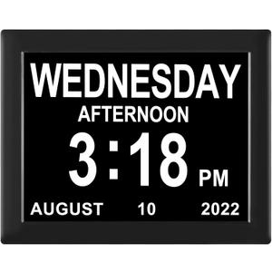 Digital Calendar Clock Date and Time Day of The Week Clock 8 Alarm Options + Auto Dimming for Seniors Dementia Elderly Patients (Black)