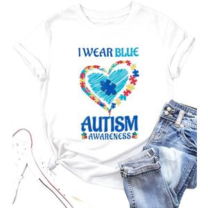 Autism Awareness Shirt Women Blue Ribbon T-Shirt I Wear Blue Tshirt Autism Support Tee Causal Short Sleeve Tee Tops, XXL