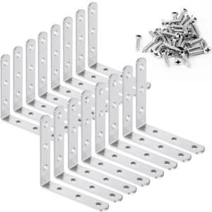 16PCS 4x4 Inch Stainless Steel L Bracket for Shelves, 90 Degree Joint Right Angle Bracket, Heavy Duty Corner Braces with Screws for Wood, Furniture, Brushed Nickel