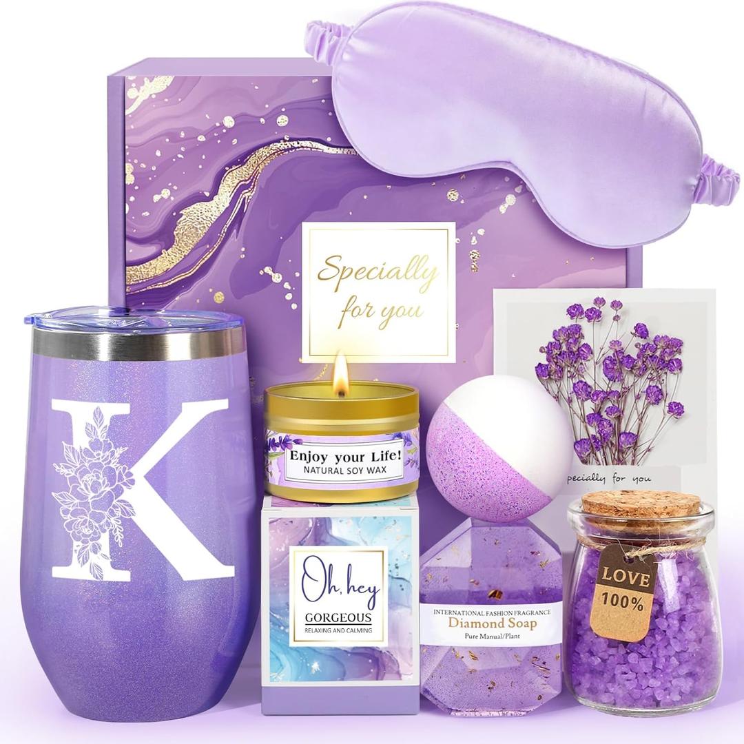 Birthday Gifts for Women, Self Care Gifts for Women, Spa Gifts Basket for Women, 20oz Initial Tumbler w/Straw Lid, Personalized Monogrammed Gifts for Women Mom Her Best Friends Sister Wife, K