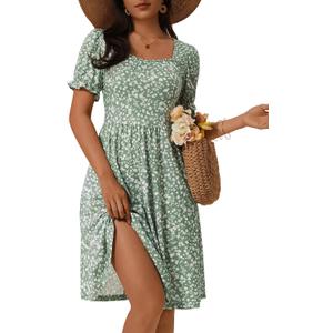 MSBASIC Women's Summer Casual Square Neck Dress Floral Puff Sleeve A Line Midi Sundress with Pockets (Green, XL)