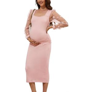 Floral Mesh Bishop Long Sleeve Maternity Midi Dress, Fall Maternity Bodycon Dress for Baby Shower (Pink, M)