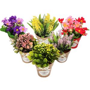 LUEUR Set of 6 Potted Artificial Flowers Fake Flowers with Vase Faux Flowers in Pot, Spring Decor for Home Office Floral Arrangement for Table Dinning Room Decoration Shelf Decor