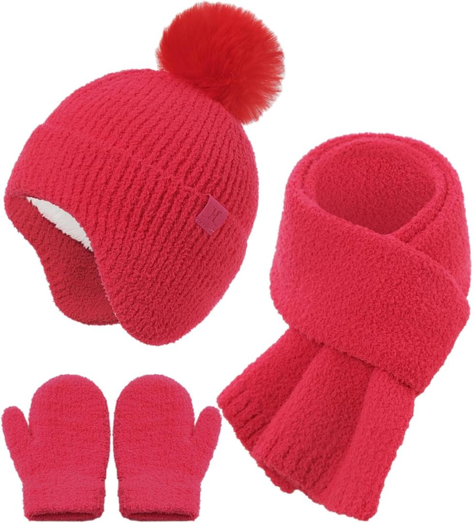 Toddler Hat and Gloves, Baby Beanie Scarf Neck Gaiter Mittens Sets for 0-6 6-12 Months 2t-4t, Kids Winter Hat with Ear Flaps (One Size, Carmine)