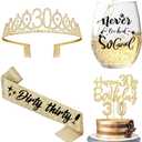 30th Birthday Gifts for Her with 15oz Glass, Birthday Crown, Sash, Cake Topper and Candles, 30 Year Old Decorations Gifts Idea