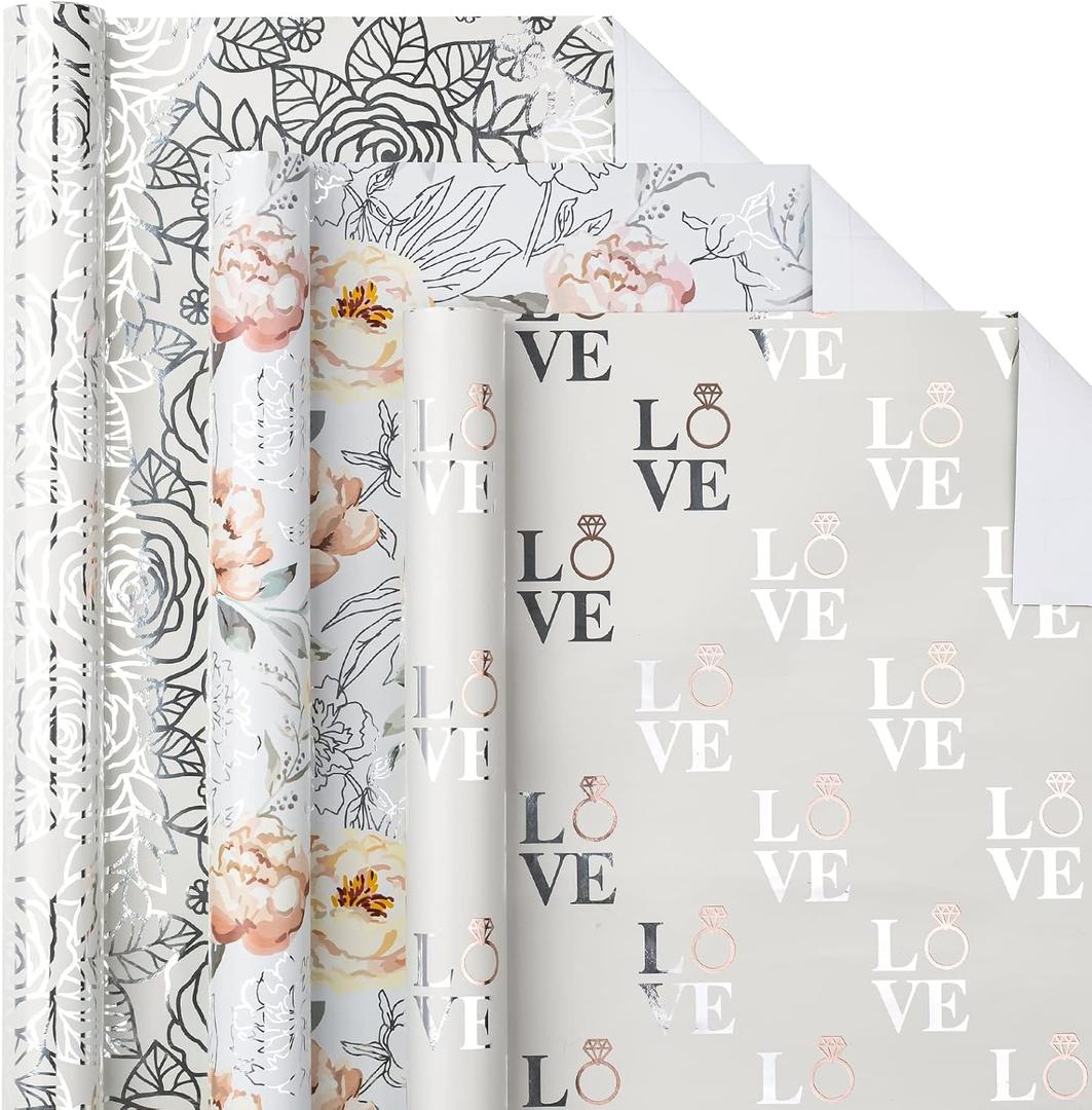 LeZakaa Wedding Floral Wrapping Paper Roll, Silver Flowers & LOVE Ring, Metallic Foil Design for Wedding, Engagement, Bridal Shower, Anniversary, Mini Roll, 17 x 120 inches, 3 Rolls (Wedding - Silver)