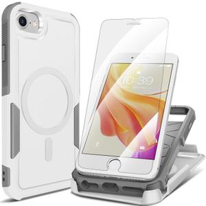 for iPhone SE Gen 3rd 2022/2nd 2020 Case, iPhone 8/7 Case, with 2X Tempered Glass Screen Protector, 360 Full Body Shockproof Heavy Dropproof,Hard PC & Soft TPU 2 in 1 Design, Armor White