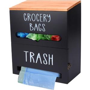 2 in 1 Trash Bag Holder with Grocery Bag Holder, Wooden Trash Bag Dispenser Wall Mounted, Trash Bag Organizer for Countertop/Under Sink, Garbage Bag Holder Dispenser for Plastic Bags, Black