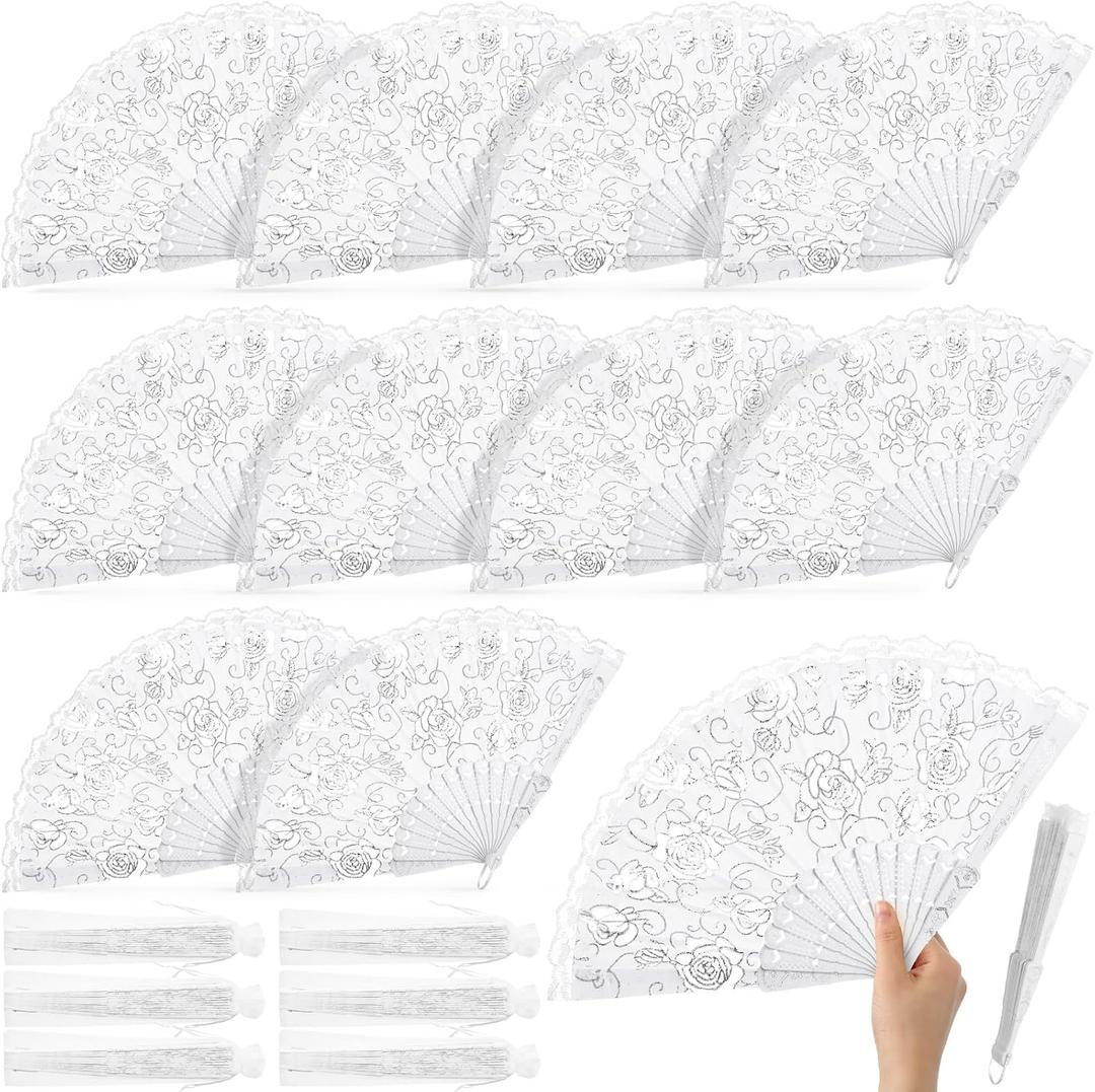 Roowest 12 Pcs Rose Lace Fan Handheld Floral Folding Fans with Organza Bags Chinese Retro Foldable Decor Bridal Dancing Prop Hand Held Cosplay Costume for Party Wedding Birthday Church Tea(Silver)