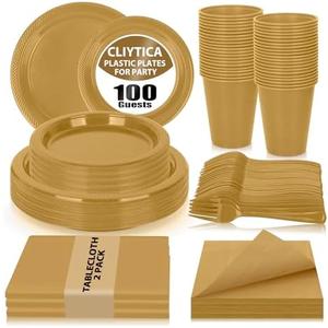 CLIYTICA Gold Plastic Dinnerware Set for Party,100 Guests Disposable Plates 9" Dinner Plates & 7" Dessert Plates,Cups,Napkins,Forks,Plastic Plate Set for Wedding,Corporate Events,Anniversary