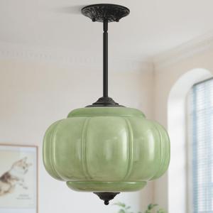 11.8in Green Glass Schoolhouse Light Fixture Large, Bulb Included | Semi Flush Mouted Pendant Lighting for Kitchen Island Dining Room Hallway Entryway Bedroom Antique Black and Green 1 Pack, 15in