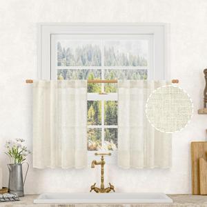 LAMIT Short Linen Kitchen Window Curtains 36 Inch Length, Over Sink Semi Sheer Light Filtering Panels Back Tab and Rod Pocket Drapes for Basement Bathroom Window, 2 Panels, Cream Ivory34 x 36 Inch (Natural)