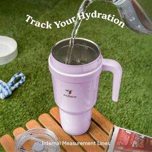REDUCE 40 oz Stainless Steel Tumbler with Handle - Dual-Wall Vacuum Insulated Travel Mug, Sweat-Proof Lid & Reusable Straw - Keeps Drinks Cold for 24 Hrs, Fits Cupholders, Dishwasher Safe - Lilac Bud