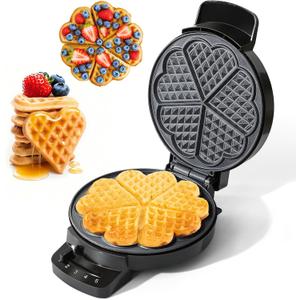 Heart Waffle Maker, Heart Shaped Waffle Iron 5 Slices, Mini Waffle Makers with 8'' Non-stick Plates, Adjustable 5 Browning Control, Cool Touch Handle, Easy to Clean, Valentine's Day Gift, 1000W