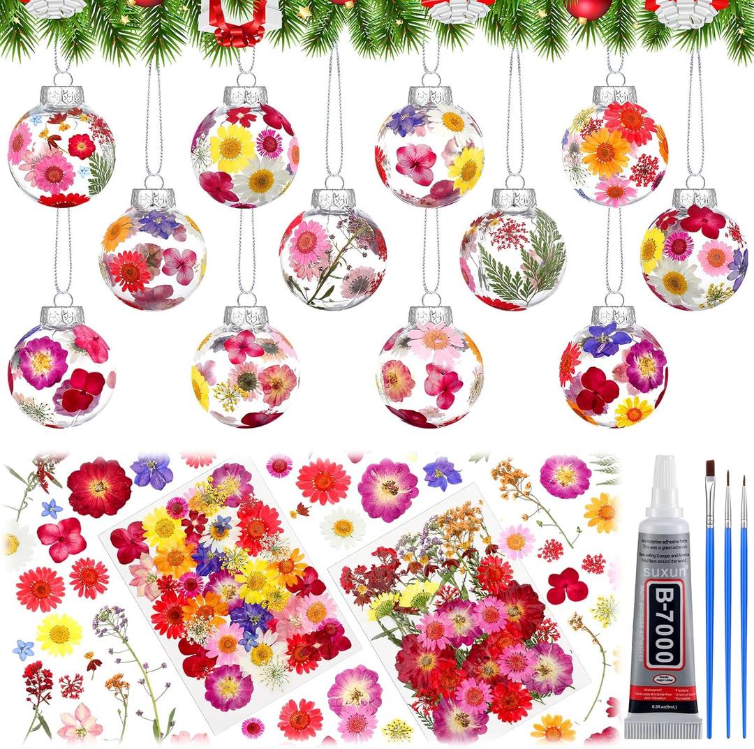 Tinideya 184 Pcs 12 Sets DIY Christmas Ball Ornaments Kit Pressed Flower Christmas Decoration Balls Hanging Adults Christmas Art Crafts for Xmas Trees Party Holiday Decor Included Instructions