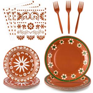 96Pcs Platos De Barro Mexicanos Cielito Lindo Terracotta Clay Party Plates Supplies Tableware Decorations Disposable Paper Plates Napkins Forks for Birthday Wedding Baby Shower, Serves 24