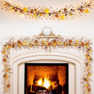 Thanksgiving Garland with Lights 9.84 ft Fall Decor Garland with Artificial Berries Pumpkins Maple Leaves Thanksgiving Decorations for Harvest Party Home Mantel Fireplace Table Wall Decor