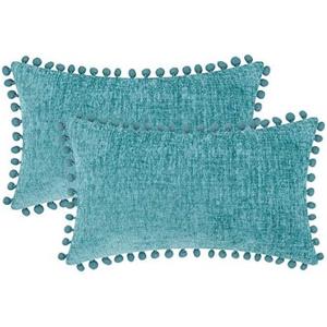 CaliTime Throw Pillow Covers Decorative 20 X 12 Inches Pack of 2 Cozy Solid Dyed Soft Chenille Cushion Cases with Pom Poms for Couch Sofa Bed Living Room Home Teal