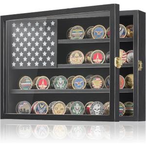 Coin Display Case 15"x11" Military Challenge Coin Holder Wooden American Flag Medal Poker Chip Wall Decor Gift for Collector, Grandfathers, Fathers, Comrade-in-arms, Black