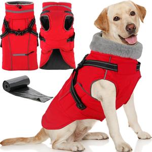 Doglay 2 in 1 Dog Coat with Harness Built-in, Waterproof Dog Winter Jacket with Pocket & Poop Bags, Reflective Adjustable Pet Winter Coat for Small, Medium, Large Dogs - Red, L