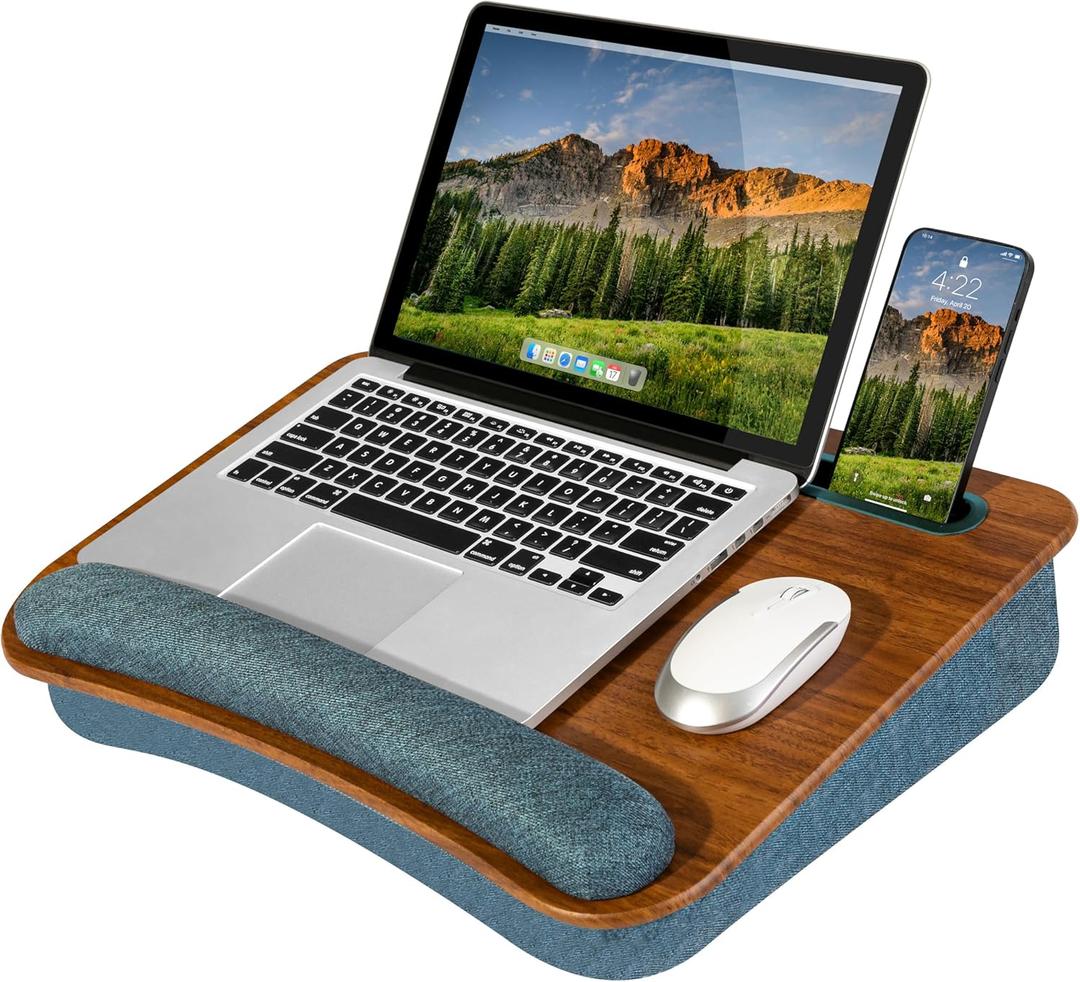 LAPGEAR Portable Laptop Lap Desk with Pillow Cushion, Anti-Slip Strip, Tablet or Phone Storage Slot, Pen and Pencil Pocket, and Wrist Rest - Espresso Woodgrain - Fits 17.3" Laptops - Style No. 91342