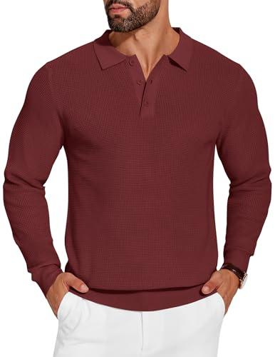 COOFANDY Mens Knit Polo Shirts Long Sleeve Sweater Casual Polo Shirts Lightweight Collared T Shirts, Wine Red, Medium