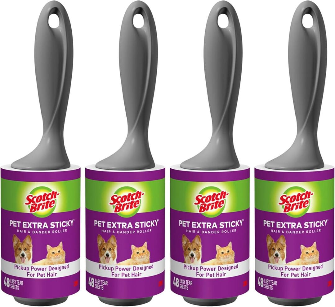 Scotch-Brite Pet Hair Pickup Extra Sticky Lint Roller, Designed for Removing Fur + Fluff on Couches, Clothes, Dog and Cat Beds, & More, 4 Pack, 192 Easy-Tear Adhesive Sheets Total