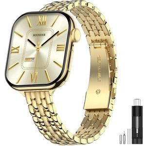 MioHHR Slim Metal Band Compatible with Apple Watch Band 42mm(Series 11 10) 41mm(Series 9 8 7) 40mm(Series 6 5 4 SE3/2/1) 38mm(Series 3 2 1),Stainless Steel iWatch Bands for Women,Gold