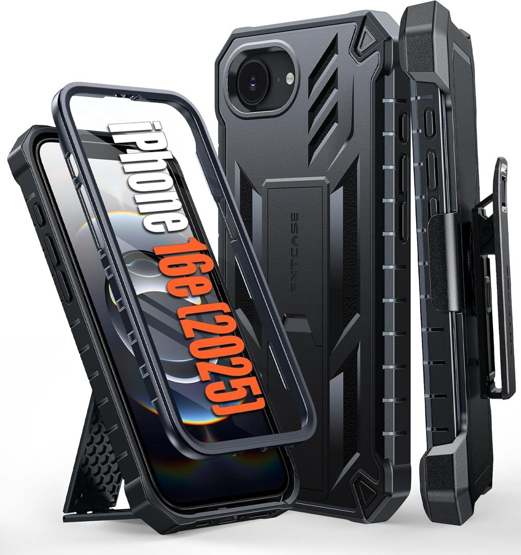FNTCASE for iPhone 16e 2025 Case: for iPhone 16E Military Grade Rugged Phone Cover with Kickstand & Holster | Shockproof TPU Protection Bumper Matte Textured Design | Heavy Duty Protector (Black)