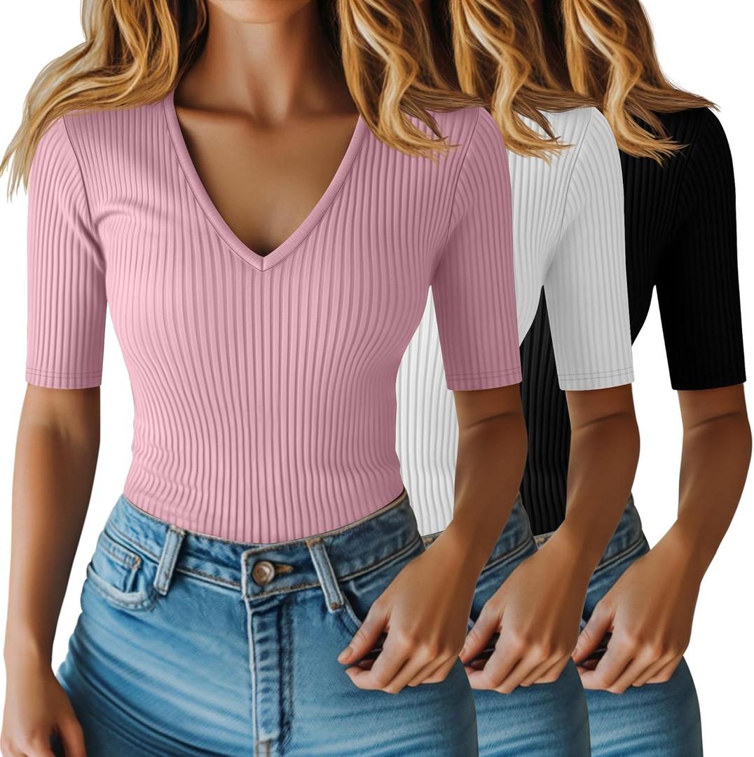 Riyiper 3 Pack Women's Half Sleeve Top Elbow Length Ribbed Cotton T Shirt Women V Neck Summer Tee Slim Fit Casual Blouses (Black, White, Pink) S
