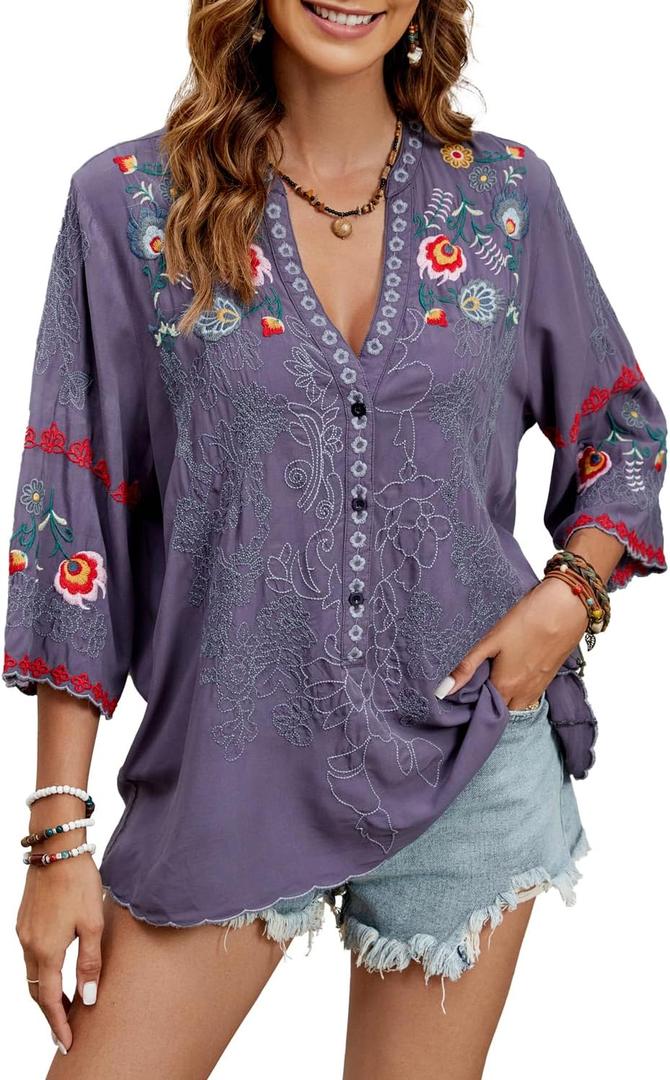 Mexican Shirts Peasant Blouses Cotton Embroidered 3/4 Sleeve Summer V Neck Tunic Bohemian Tops Boho Clothes for Women (Medium, Grey)