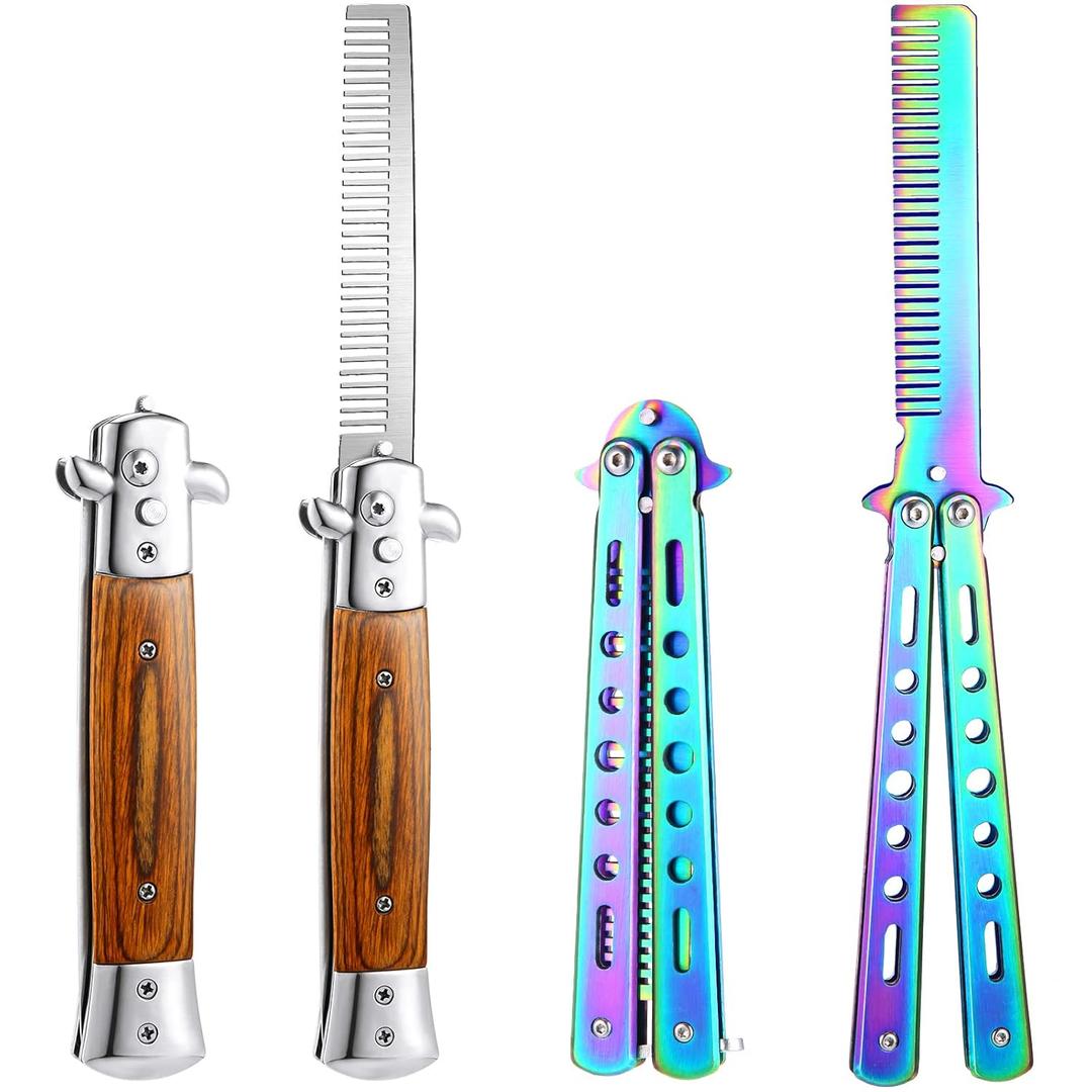 Chengu 2 Pieces Wood Grain Switchblade Blade Pocket Hair Brush Comb Automatic Push Button Brush and Folding Butterfly Stainless Steel Training Practice Comb Outdoor(Iridescent)