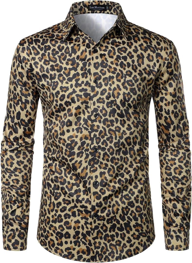 LucMatton Men's Leopard Print Long-Sleeve Button-Up Shirt Vintage Cheetah Animal Pattern Slim-Fit Dress Shirt Khaki Leopard X-Large