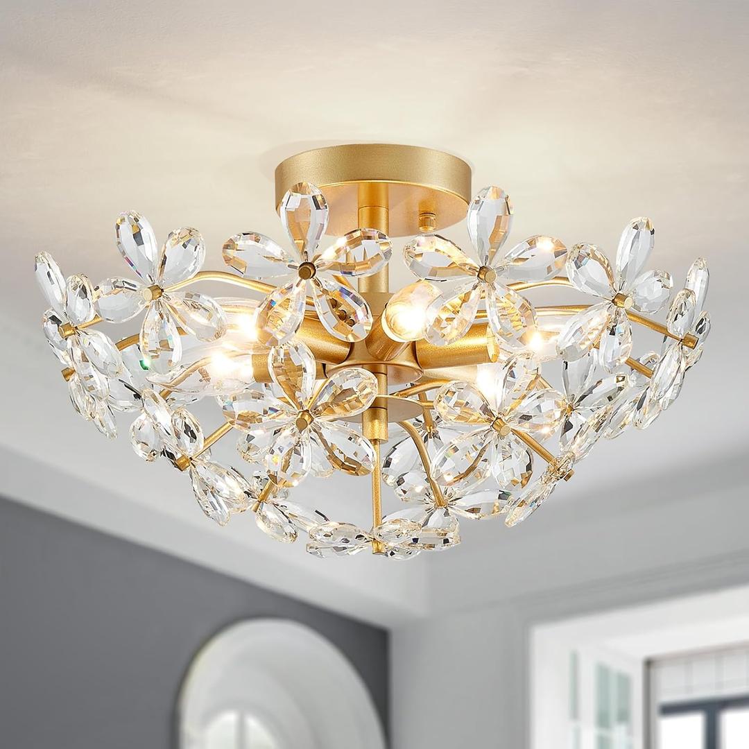 WUZUPS Crystal Chandelier Flushmount Ceiling Light Modern Lighting Fixture for Bedroom Hallway Bar Kitchen Bathroom, H 8.9" x W 17.7", Gold, E12 Base