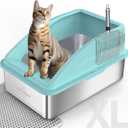Stainless Steel Litter Box | XL Enclosed Cat Litter Boxs with Lid for Big Cats | High Sided, Anti-Urine Leakage | Non-Stick Bottom & Includes Litter Mat & Metal Scoop (Turquoise, X-Large)
