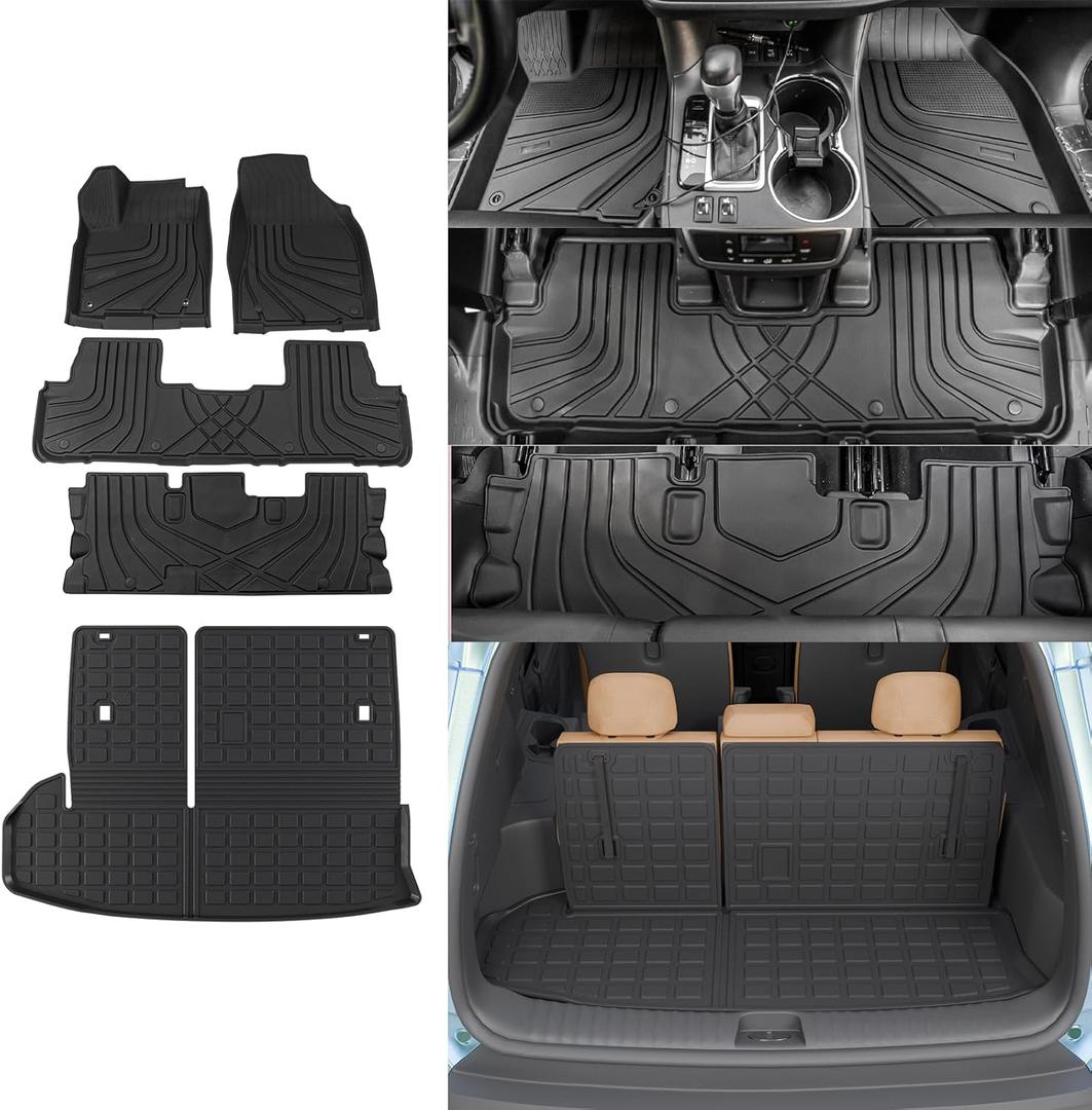 Rongtaod Floor Mat Compatible with 2014-2019 Toyota Highlander Trunk Mat Cargo Mat Cargo Liner Back Seat Cover Protector Floor Liner 2019 Highlander Accessories (Trunk Mat with Backrest Mat+Floor Mat)