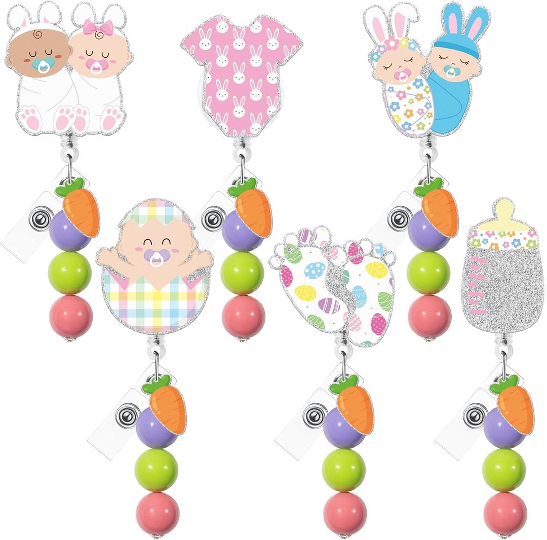 Easter Bunny Badge Reel - 6 Pcs Bunny Carrot Acrylic Design with Pastel Beads for Pediatric Nurse NICU OB/GYN Team Medical Staff Appreciation Gifts Holiday Party Favors Easter Basket Fillers (Multicolor)