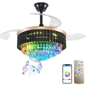 Retractable Ceiling Fans with Lights, Retractable Ceiling Fan with Lights and Remote, RGB Crystal Chandelier Fan 6-Speed APP Control for Bedroom, Living Room, Dining Room