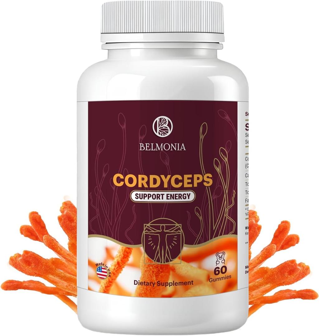 Cordyceps Mushroom Gummies  5400mg per Serving*, Cherry, Grape, Apple & Orange Flavors, 60 Count, Vegan Mushroom Supplement for Energy, Focus & Brain Health, Made in USA