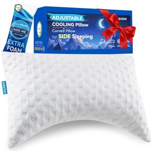 Side Sleeper Pillows for Neck & Shoulder Comfort - Ergonomic Curved Crescent Design, Adjustable Shredded Memory Foam, Cooling & Soft Cover, Extra Fill Included, Queen Size