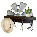 Windmill Key Holder Wall Mount, Decorative Wall Mounted Key and Mail Rack with Shelf, Farmhouse Wall Decor, 4 Rustic Key Hooks for Coats & Keys, Brown Key Holder