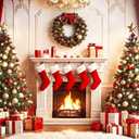 LYCGS 7x5ft Christmas Fireplace Backdrop for Photography Red Curtain Socks Xmas Tree Photo Background Merry Christmas Party Decor