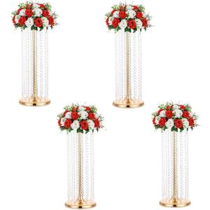 LANLONG 27.5in Flower Stand for Wedding Centerpieces for Tables - Metal Tall Floor vase with Acrylic Crystal, 4Pcs Gold Vases for Centerpieces Wedding Party Event, Birthday Home Decorations