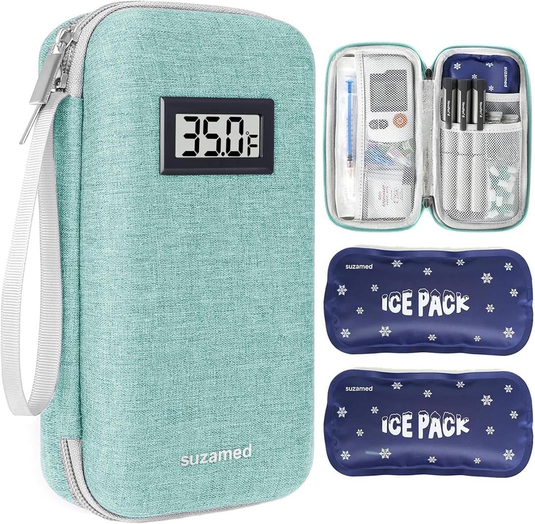 suzamed Insulin Cooler Travel Case,EVA Insulation Travel Medicine Kit with Temperature Display for Diabetes Care,Insulin Pen and Other Diabetic Supplies (Green-Temp)