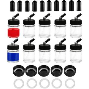 10pcs Airbrush Glass Bottles(60Down Angle) 3/4oz 22cc with Jar Caps and Extra Lids O-Rings Straws,Airbrush Paint Storage Jars,for Dual Action Airbrush
